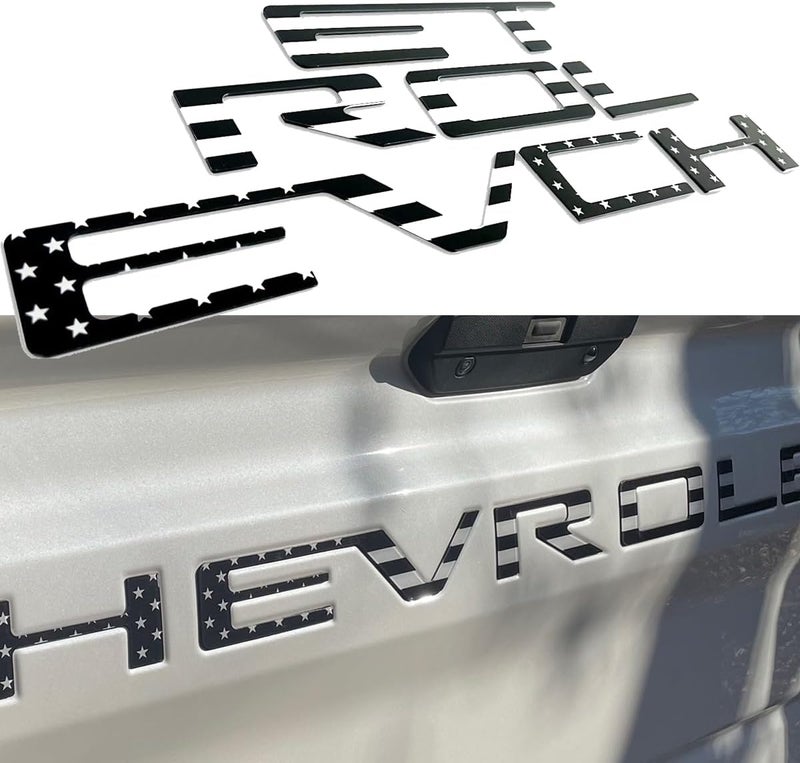 Texflic Tailgate Insert Letters Compatible with ChevySilverado 2019 2020 2021 2022 2023 2024 2025 Accessories 3D Rear Emblems Badge with Strong Adhesive Black American Flag - Image 1